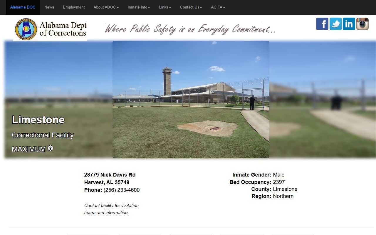 Limestone Correctional Facility inmate search and ADOC facility record